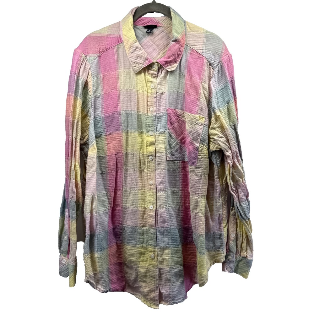 Torrid Women's Top Blouse Size 2X Colorful Pink Yellow Button Up Long Sleeves